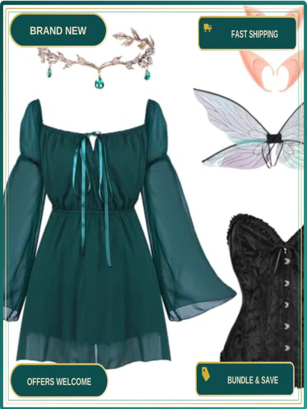 Fairy Elf Costume Set 6 Pc Dress Corset Headpiece Ears Halloween